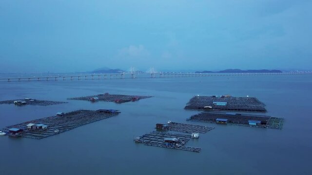 Aerial view fish farm in dusk hour. Background is Penang Second Bridge.