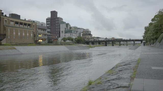 Sanjo District And Kamo River, Kyoto Japan On Cloudy Day