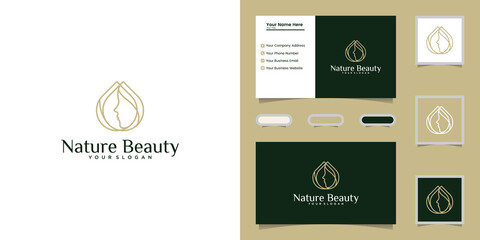 Beauty oil and female face logo line art template and business card