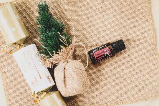 Mudgee, New South Wales / Australia - November 1 2020:  Doterra essential oil illustrative product image in Christmas setting, Harvest Spice