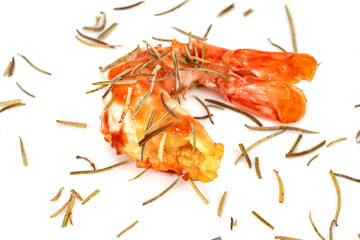 roasted peeled prawn with dry rosemary isolated on white background ,grilled shrimp