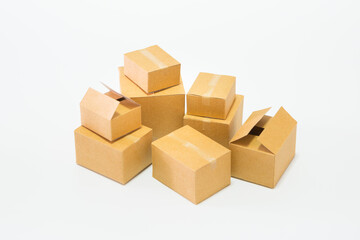Many parcel boxes on white background  for online shopping concept