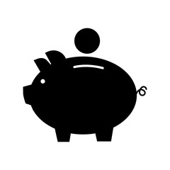 Vector black pig piggy bank icon. Black silhouette of a coin flying into a piggy bank. Stock image. EPS10