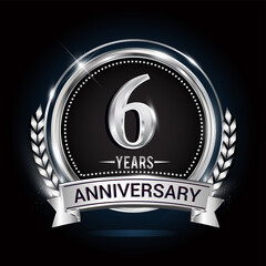 6th silver anniversary logo with laurel wreath, ribbon and silver ring. vector design