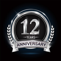 12th silver anniversary logo with laurel wreath, ribbon and silver ring. vector design