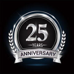 25th silver anniversary logo with laurel wreath, ribbon and silver ring. vector design