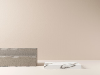 Stone and white marble block podiums for cosmetic product presentation.  Minimal scene with geometrical forms. 3d render
