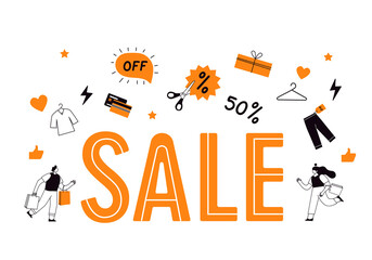 Black Friday. Sales and discounts in stores. Linear characters with paper bags, with shopping. Vector illustration