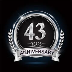43rd silver anniversary logo with laurel wreath, ribbon and silver ring. vector design