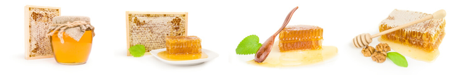 Collage of honey close-up on white