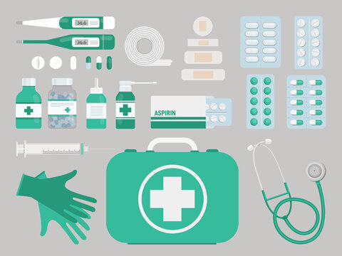  First aid kit box with medical equipment and medicines on a blue background top view. Flat style. Vector stock illustration for design. Hospital and patient diagnosis. Elements for infographics.