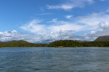 Fototapeta na wymiar Tofino Harbour, Vancouver Island. British Columbia, Canada. Clayoquot Sound Inlets on background