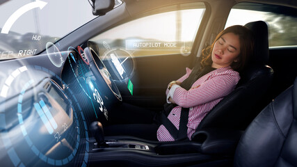 Auto pilot cruise self driving car business woman sleeping care free, HUD Head Up Display and digital instruments panel autonomous user interface navigation utility screen smart technology hologram