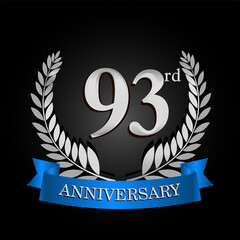 93rd anniversary logo with blue ribbon and laurel wreath, vector template for birthday celebration.