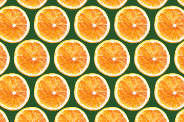 Dry orange slices background. Orange fruit cut texture. Citrus section pattern. Vibrant color summer design. Healthy fruit for immunological system backdrop. Christmas decoration and food ingredient.