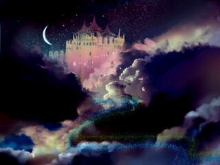 European beautiful castle behinds clouds in the night