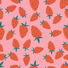 Seamless pattern of fresh red strawberries with pink background - Vector illustration seamless repeat.