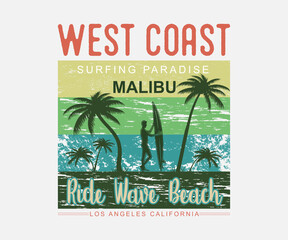 Surfing vintage Design. West Coast Surfing Paradise Malibu Beach Ride Wave Los. Camping surf badge design Happiness Comes in Waves.T Shirt Typography Design. Vector Illustration Symbol Icon Design.
