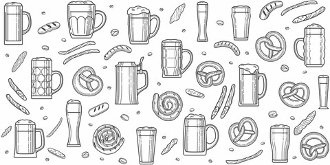 Seamless pattern with beer mugs and snacks. Vector linear stylish graphics