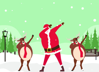 Christmas vector concept: Funny santa claus and his reindeer dabbing at the park in winter time