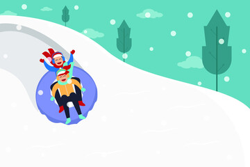 Winter vector concept: Cheerful kids sliding with rubber tubing down snow hill in winter