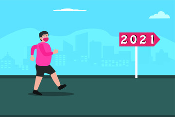 Fototapeta na wymiar Diet resolution vector concept: Overweight man in face mask running toward signpost with number 2021