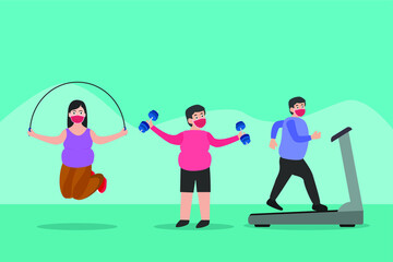 Fototapeta na wymiar Diet resolution vector concept: Group of overweight people in face mask doing exercise for weight loss with skipping rope, dumbbell, and treadmill