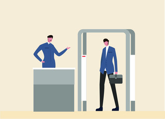 International Customs Day vector concept: Passenger walking through scanning machine in the airport or harbor terminal