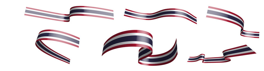 Set of holiday ribbons. flag of Kingdom of Thailand waving in wind. Separation into lower and upper layers. Design element. Vector on white background