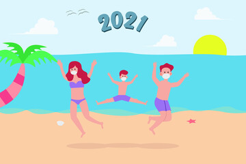 Obraz na płótnie Canvas New normal in new year vector concept: Young parents and little son jumping on the beach while wearing face mask with number 2021