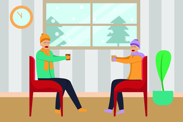 Senior couple vector concept: Senior couple drinking a glass of warm drinks while sitting on the chair together with winter background on the window at home