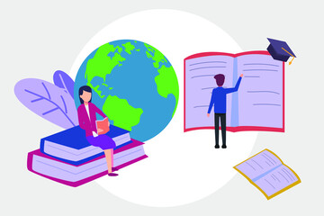 Knowledge vector concept: Young woman and man reading books to increase their knowledge