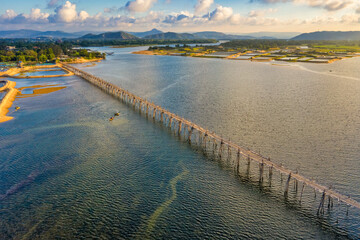 Aerial view of Ong Cop or Mr Tiger wooden bridge at Phu Yen, Vietnam. This is the longest wooden bridge in Vietnam