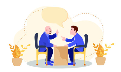 Two businessmen debate talking about serious topic. Angry businessman