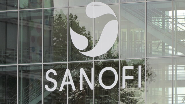Sanofi logo on an office building in Lyon France