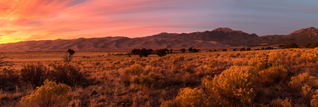 Sunset on Mt. Herard and Mt. Zwishen and the Dune Field of Great Sand Dunes National Park, Colorado,USA