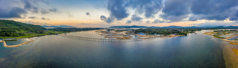 Aerial view of Ong Cop or Mr Tiger wooden bridge at Phu Yen, Vietnam. This is the longest wooden bridge in Vietnam