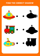 Find the correct shadow of cute cartoon transport. Set of transports - submarine, ufo, train . Educational matching game for kids. Worksheet for preschoolers. Vector illustration.