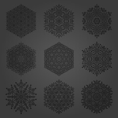 Set of snowflakes. Fine winter black ornaments. Snowflakes collection. Snowflakes for backgrounds and designs