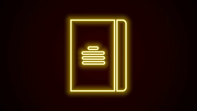 Glowing neon line Notebook icon isolated on black background. Spiral notepad icon. School notebook. Writing pad. Diary for school. 4K Video motion graphic animation