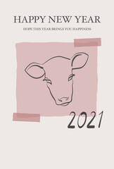 クラフト紙にペンで書いた牛のイラストをマスキングテープで貼った雰囲気の2021年の年賀状（ピンク）