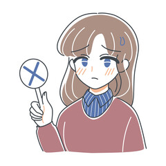 ベクター・バツのパネルを掲げるお姉さんのイラスト・　ばつ・不正解