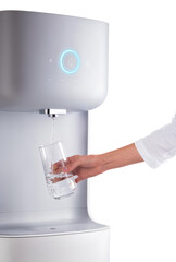 Modern technology concept. New water cooler format. Touch panel with a luminous indicator. A hand reaches for the cooler. Technological design.