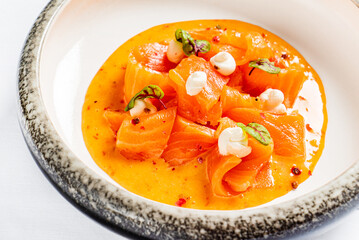 salmon ceviche on the white background.
