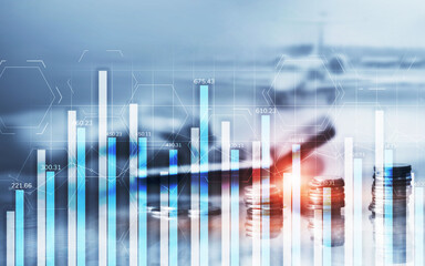 Blue abstract stock market chart. Mixed Media Background.