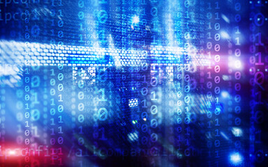 Binary code matrix digital internet technology concept on server room background.
