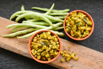 Organic Beans or French beans curry vegetable stir fry from home kitchen garden farm fresh veggie for making curry Kerala India. Agriculture harvest .
