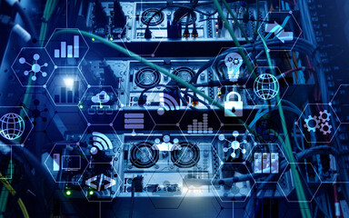 Abstract Internet digital technology concept server rack room background.