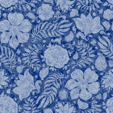 Floral seamless pattern. Blue Paisley elements, fantasy flower, leaves on a Dark indigo blue watercolor painted background. Textile bohemian  print, Batik Chintz Vintage paint