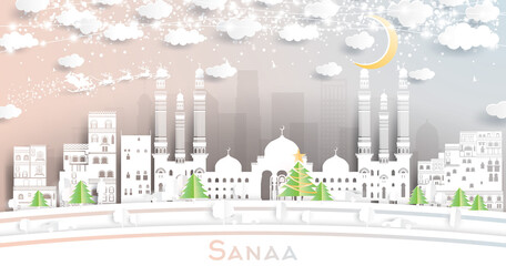 Sanaa Yemen City Skyline in Paper Cut Style with Snowflakes, Moon and Neon Garland.